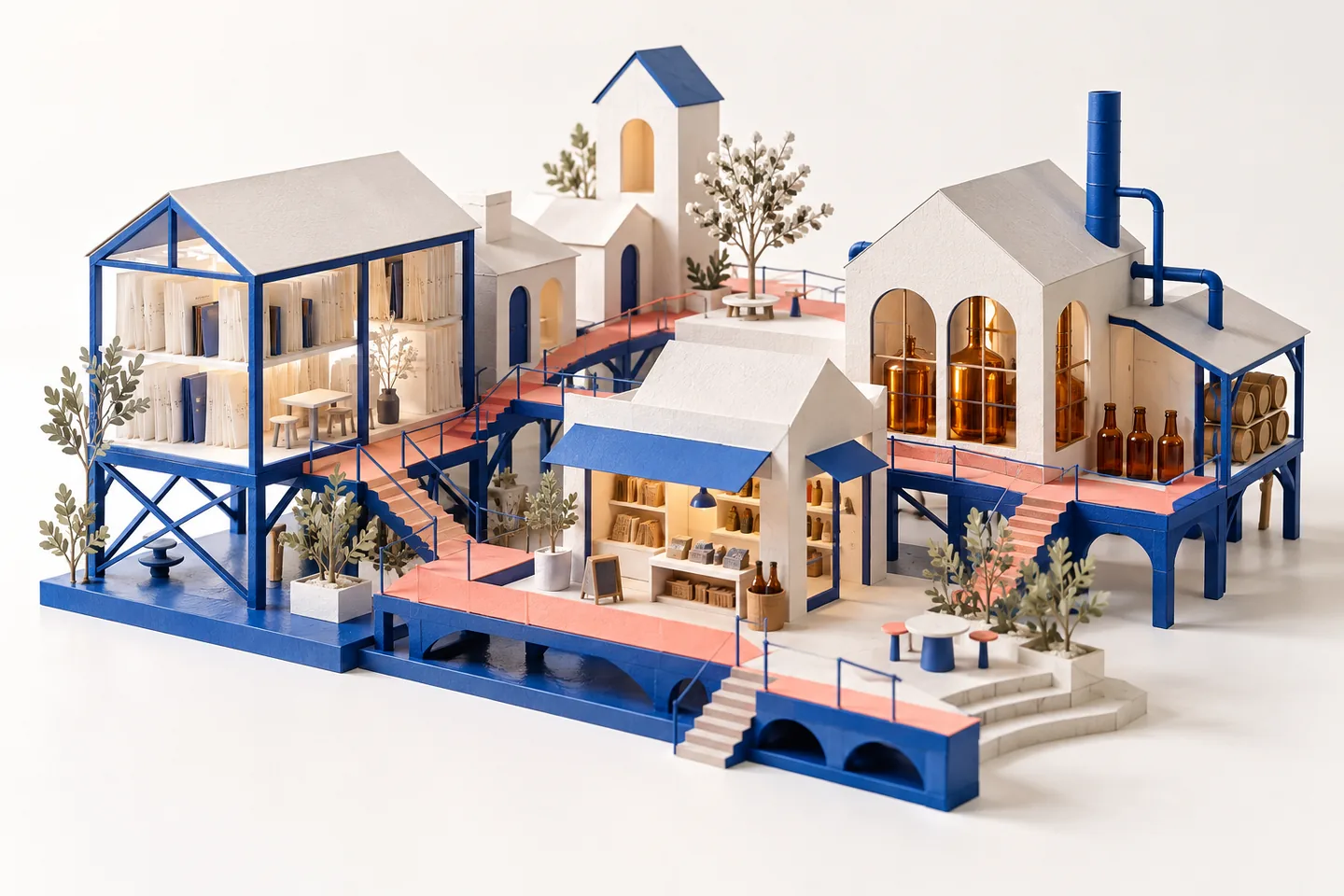 A paper website pavilion grown into a connected miniature town.