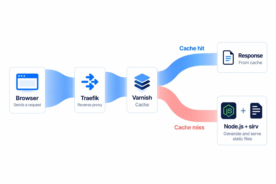 Browser to Traefik to Varnish, branching into a cached response or an origin request.