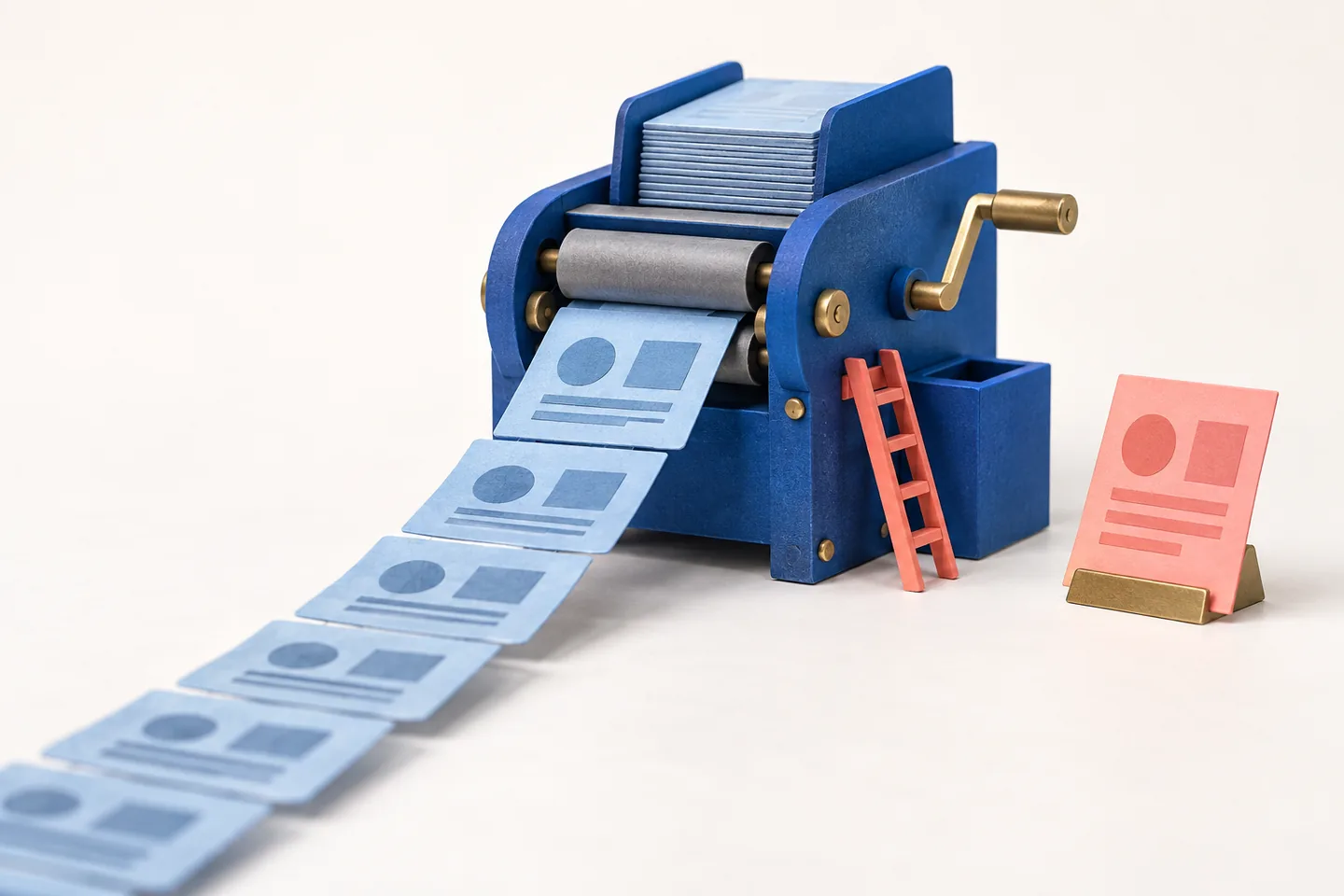 A miniature blue paper dispensing machine still handing out old cards while a fresh coral instruction card waits beside it.