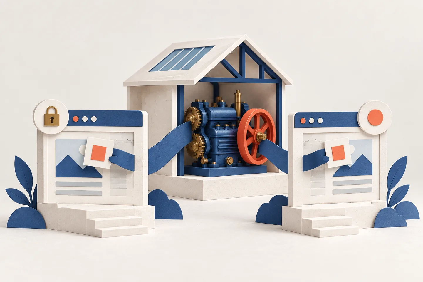 Two paper browser entrances, one with a padlock, connect to a shared website workshop and display the same coral page element.